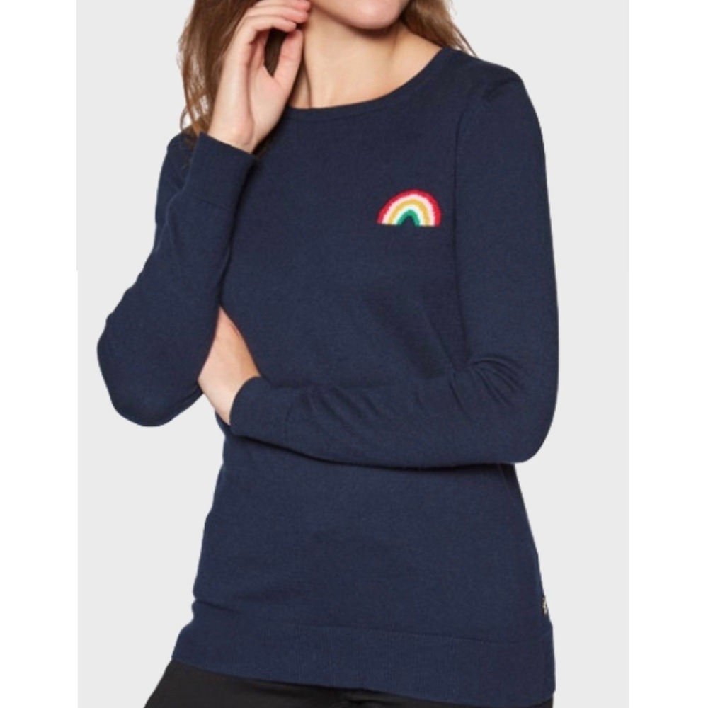 Joules Asha Navy Blue Rainbow Intarsia Embroidered Crew Neck Knit Sweater US 10